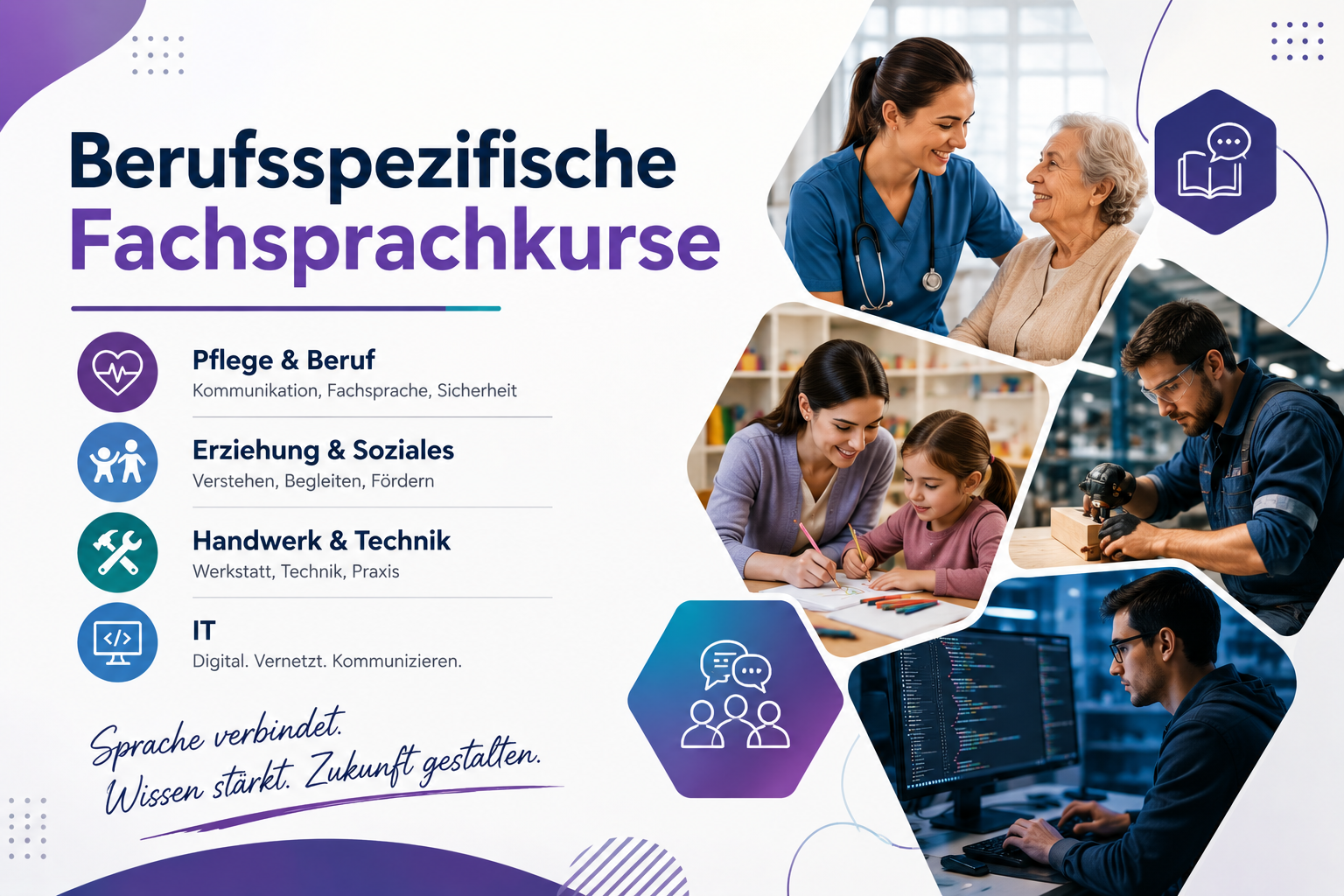 Berufsspezifische Fachsprachkurse (Pflege & Beruf, Erziehung & Soziales, Handwerk & Technik, IT)